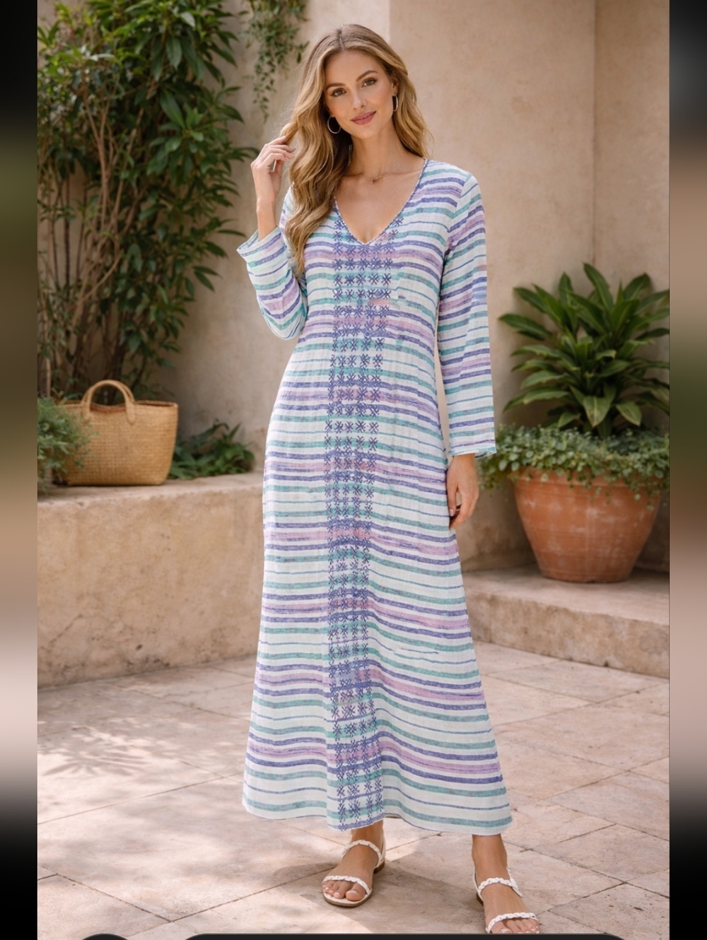 POMEGRANTE Striped LINEN  Long Sleeve Maxi Dress